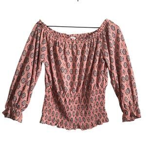 S.C. Society Pink Boho Pattern Bell Sleeve Gathered Elastic Waistband Blouse Top